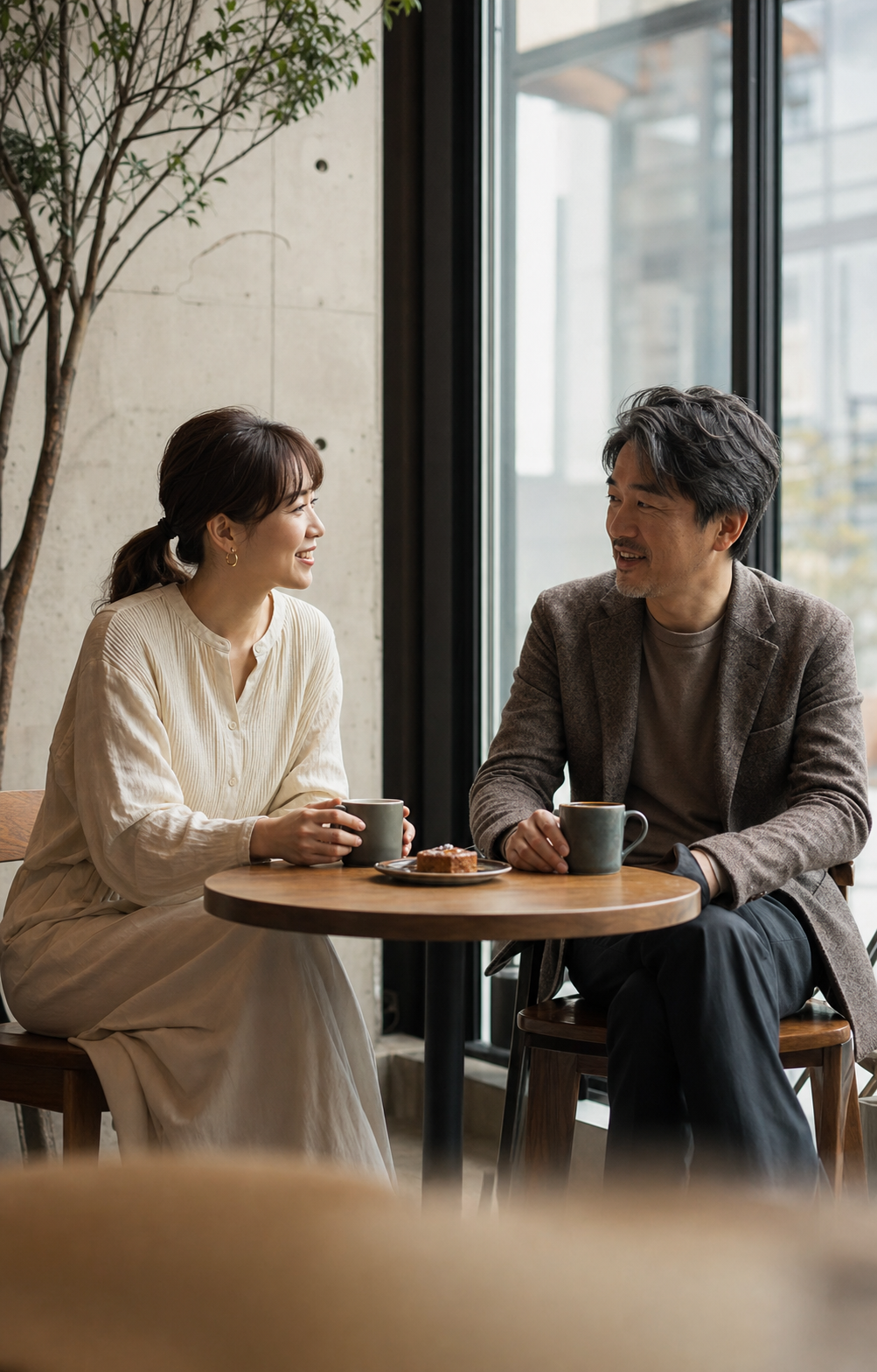 歳の差のある二人がカフェで会話している様子